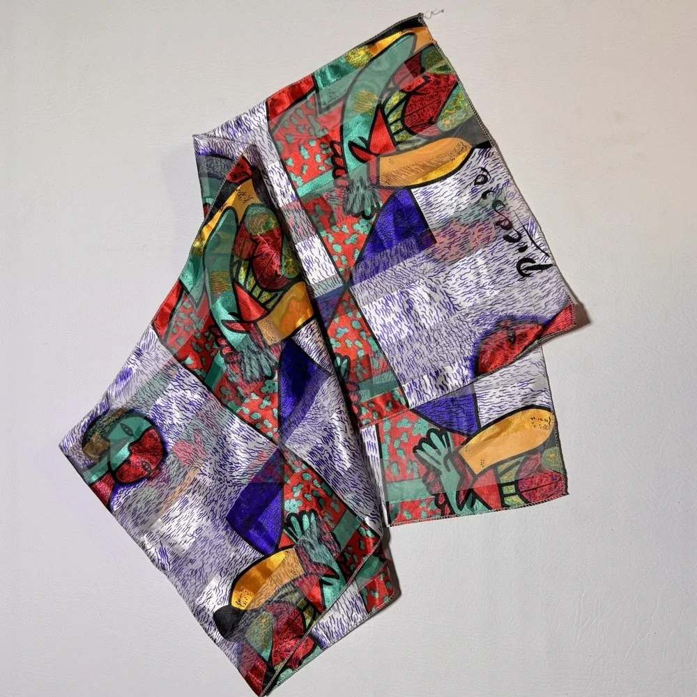 Picasso Art Scarf Women OS Multicolor Abstract Cubist Print Silky Artistic Retro